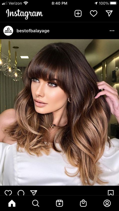 Fringe With Balayage, Brown Ombre Hair With Bangs, Bangs And Balayage Brunettes, Brown Balayage With Bangs, Balayage Hair With Fringe, Brunette Balayage Hair With Bangs, Balayage Fringe, Ombre Hair With Bangs, Balayage With Fringe