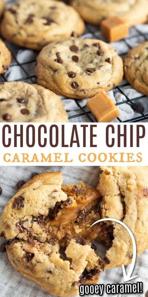 Caramel Chocolate Chip Cookies have a chewy cookie base filled with ribbons of sweet caramel. This easy recipe turns a familiar favorite cookie into an extra decadent treat! Caramel Filled Chocolate Chip Cookies, Cookies With Kraft Caramels, Caramel Pecan Chocolate Chip Cookies, Cookies With Caramel Bits, Chocolate Chip Cookies With Caramel, Chocolate Chip Caramel Cookies, Caramel Chip Cookies, Salted Caramel Chocolate Chip Cookies, Caramel Cookies Recipes