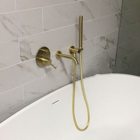 Wall Mounted Bath Tap with Mixer Valve and Handheld Shower Kit, Brushed Gold  | eBay Cheap Bathtubs, Gold Bathroom Faucet, Gold Bad, Wall Mounted Bath Taps, Bathtub Faucets, Bathtub Filler, Wall Mount Tub Faucet, Gold Faucet, Shower Over Bath