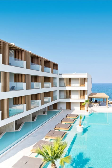 Hotel Near Beach, Modern Hotel Exterior, Beach Resort Architecture, Beach Hotel Architecture, Resort Hotel Design, Hotel Resort Design, Greece Hotel, Hotel All Inclusive, Hotels In New York City