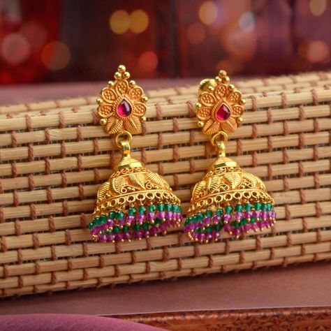 Waman Hari Pethe Sons Traditional Gold Earrings, Gold Earrings Design, South Jewellery, Gold Jhumka, Jhumka Designs, Gold Earrings Indian, Antique Gold Earrings, Gold Jhumka Earrings, Gold Earrings Models