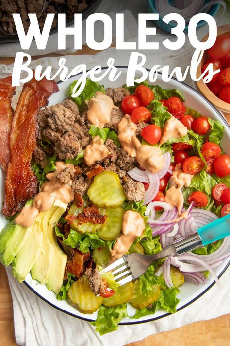 Craving a juicy burger but without the bun? This Loaded Burger Bowl Salad has all the flavor of a burger, but is Whole30- and paleo-friendly! #saladinajar #burgerbowls Food Reset, Loaded Burger, Easy Healthy Lunch Ideas, Strawberry Bread Recipes, Burger Bowl, Burger Salad, Fresh Strawberry Recipes, Easy Healthy Lunch, Juicy Burger