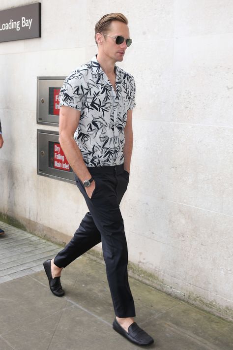 What to Wear on Vacation, According to 20 Stylish Famous Men Photos | GQ Loafers Men Outfit, Skarsgard Family, Hawaiian Outfits, Alexander Johan Hjalmar Skarsgård, Eric Northman, Loafers Outfit, Mens Printed Shirts, Best Dressed Man, Alexander Skarsgård