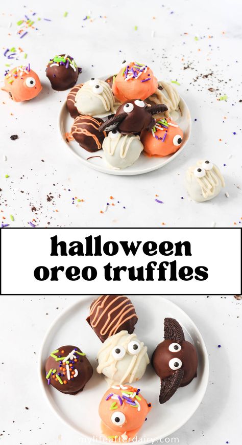 Dive into the festive spirit with these Vegan Halloween Oreo Truffles. A no-bake, dairy-free dessert that will impress your guests and satisfy your sweet cravings. Bask in the blend of crispy cookie crumbs and creamy filling. Delectably dark, mysteriously delicious, and surprisingly vegan! Your perfect Halloween indulgence awaits! Vegan Oreo Truffles, Halloween Oreo Balls, Oreo Truffle Balls, Dairy Free Halloween, Halloween Truffles, Truffle Balls, Candy Corn Recipe, Halloween Dessert Table, Vegan Halloween Food