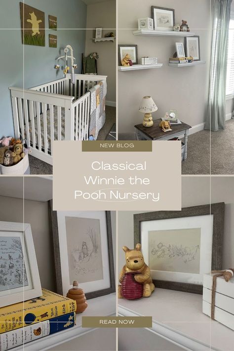 Classical Winnie the Pooh Nursery - the perfect nursery theme! Check it out for Winnie the Pooh bedding and Winnie the Pooh decor - all with a Classical Winnie the Pooh vibe! Featuring Sherwin Williams "Fresh Idea" blue accent wall Winnie The Pooh Bedding, Twin Nursery Room, Pooh Decor, Blue Accent Wall, Winnie The Pooh Decor, Pooh Nursery, Nursery Room Themes, Winnie The Pooh Nursery, Classic Nursery