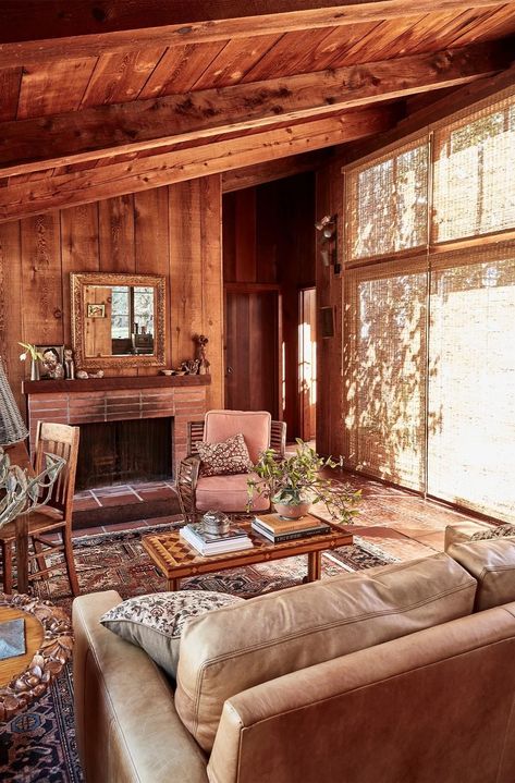 Leather Couch Cabin Living Room, Dark Green Log Cabin, Cabin Fireplace Aesthetic, Cabin Rugs Green, Emily Ward, Hand Hewn Log Cabin Interior, Pierce Ward, Dream Homestead, Green Cabin