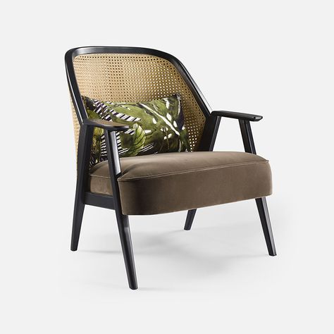 Armchair for hotel, restaurant: Kan | Collinet Retro Chairs, Chair Size, Cane Furniture, Rattan Armchair, Lounge Design, Plywood Furniture, Armchair Furniture, Hotel Furniture, Rattan Chair