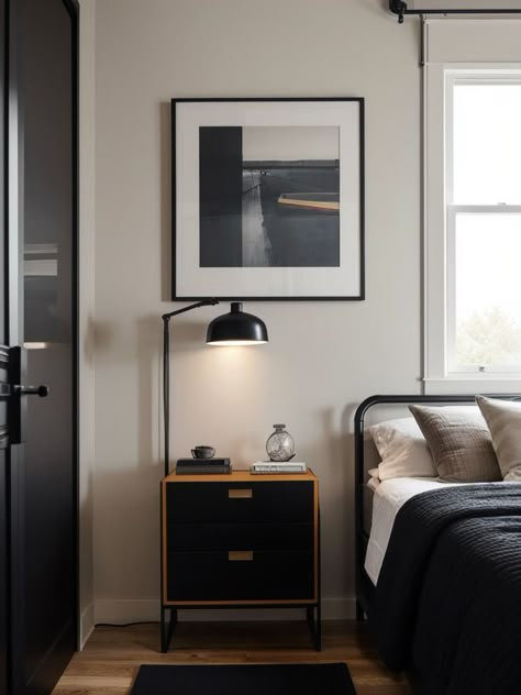 Masculine Bedroom Ideas, Male Bedroom, Masculine Bedroom, Black Nightstand, Bedroom Ideas, Apartment, Bedroom, Lighting