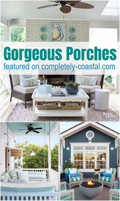 Coastal Porches And Patios, Beach House Patio Coastal, Coastal Back Porch, Beach Patio Ideas Coastal Cottage, Beach House Front Porch Coastal, Beach Patio Decorating Ideas, Front Porch Beach House, Coastal Farmhouse Landscaping, Beach Cottage Front Porch