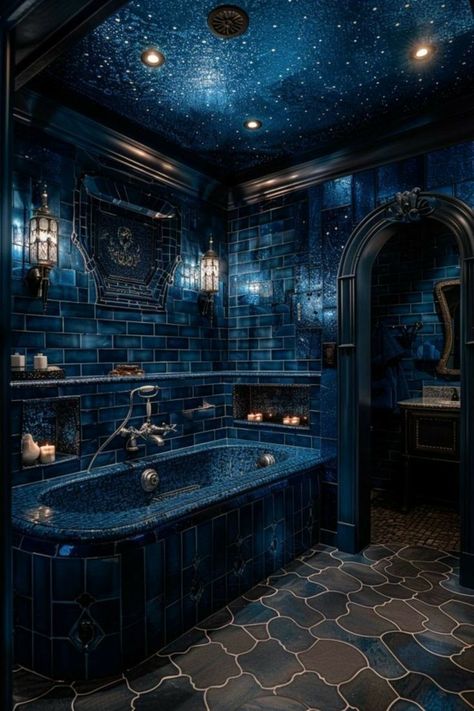 Night Sky Bathroom Ideas, Night Themed Bathroom, Black Bathroom Ceiling Ideas, Starry Bathroom Ideas, Celestial Bathroom Ideas, Colored Ceiling Bathroom, Night Sky Bathroom, Deep Sea Bathroom, Galaxy Bathroom