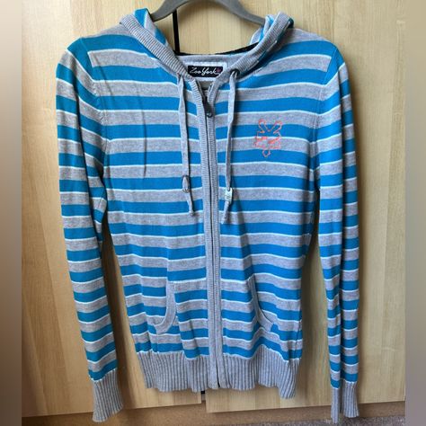 Wore A Couple Of Times | Good Condition. No Rip Or Tea Still Looks Brand New Zip Jacket With Pockets Outerwear Color: Light Blue / Gray Stripe Size: Small Cool Zip Up Sweaters, Save The Queen Clothing, Grunge Zip Up, Blue Sweater Zip Up, Blue Zip Up Hoodie Y2k, Striped Sweater Zip, Blue Clothes Aesthetic, Bf Clothes, Y2k Grunge Zip Up Hoodie