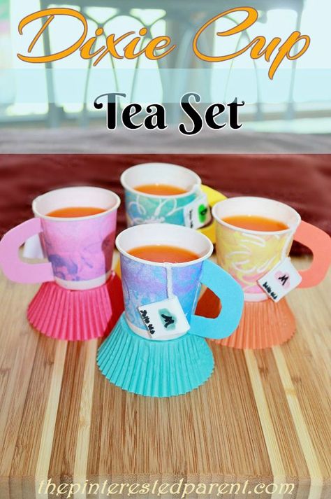 Dixie Cup Tea Set - We filled our cups with Jell-o, but these would be great for a tea party themed party. You could fill them with a snack or  drink of your choosing. Tea Cup Crafts For Kids, Kindergarten Tea Party, Classroom Tea Party, Tea Party Crafts For Kids, Dixie Cup Crafts, Tea Party Crafts, Valentines Tea Party, Paper Tea Cups, Kids Tea Party