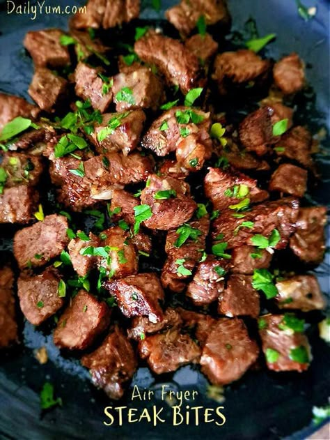 Garlic Butter Air Fryer Steak Bites - Daily Yum Butter Steak Bites Crockpot, Garlic Butter Steak Bites Crockpot, Steak Bites Crockpot, Beef Bites, Daily Yum, Good Steak Recipes, Ninja Grill, Garlic Butter Steak Bites, Sirloin Steak Recipes