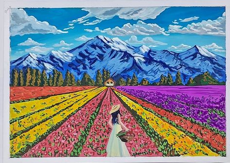 Simple poster colour painting  with tulip garden and beautiful lady Tulip Garden Painting, Simple Poster Colour Painting, Guache Art, Poster Colour Painting, Poster Color Painting, Tulip Garden, Watercolor Art Landscape, Tulip Painting, Farm Kids