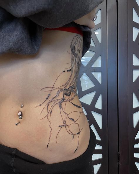 not-given #tattoo #art #jellyfish #tattooed Jellyfish Tattoo On Hip, Jellyfish Stomach Tattoo, Jelly Tattoo Fish, Jellyfish Tattoo Aesthetic, Turtle And Jellyfish Tattoo, Large Jellyfish Tattoo, Barnacle Tattoo, Jelly Fish Tattoo Fine Line, Jelly Tattoo