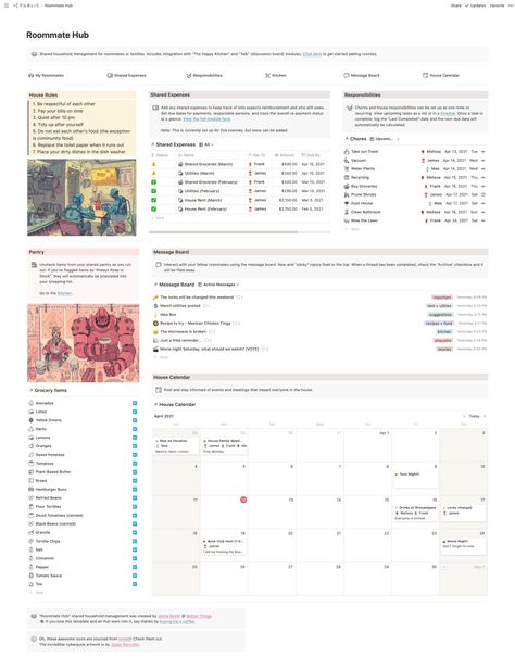 Shared Household Management - Notion Things Notion Workspace Template, Notion Household Template, Free Notion Templates Aesthetic, Swamp Cottage, Notion Template Ideas For Students, Notion Examples, Notion Productivity, Notion Workspace, Notion Board