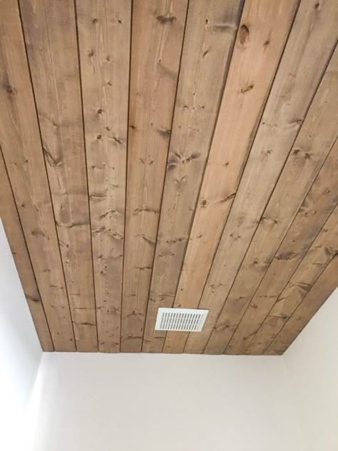 One Room Challenge Week 4 - Tile & Ceiling Updates - Half Bath Ceiling Ideas, Teak Bathroom Ceiling, Wood Plank Ceiling Bathroom, Wood Ceiling Bathroom, Cedar Plank Ceiling, Bathroom Ceiling Ideas, Plank Ceilings, Planked Ceiling, Stained Shiplap