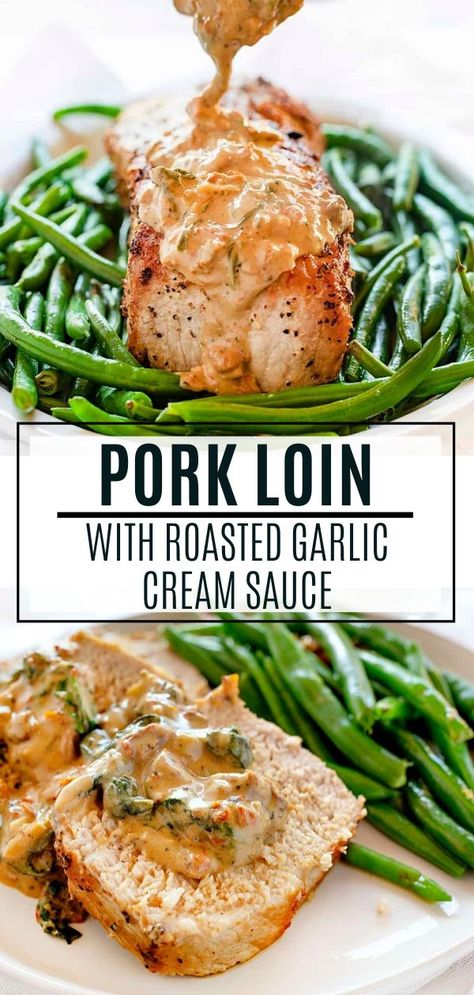 Creamy Garlic Pork Chops, Roasted Garlic Cream Sauce, Thanksgiving Diner, Garlic Pork Chops, Garlic Pork, Recipe For Dinner, Garlic Cream Sauce, Pork Loin Recipes, Thanksgiving Dinner Recipes