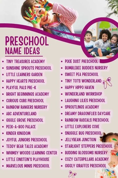 Preschool Name Ideas Daycare Classroom Names Ideas, Preschool Class Names Ideas, Names For Preschool Classes, Learning Names In Preschool, Kindergarten Group Names Ideas, Class Names Ideas, Classroom Names Ideas, School Group Name Ideas, Daycare Names Ideas