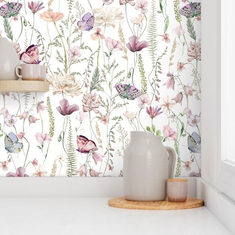 10" Blush Midsummer Wildflowers Meadow Wallpaper Wallpaper With Wainscoting, Wildflower Wallpaper, Meadow Wallpaper, Your Will Be Done, As It Is In Heaven, Flower Bedroom, Flower Room, Wallpaper Floral, Flowers Summer