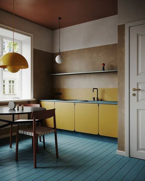 Can't get enough of these colors, super nice colorful, crazy but brilliant modern interior. Midcentury modern, mixed with contemporary and… Green Kitchen Midcentury, Flowerpot Pendant Kitchen, Brown Ceiling, Wooden Floors, Apartment Projects, Yellow Kitchen, Design Living Room, Beige Walls, Cheap Decor