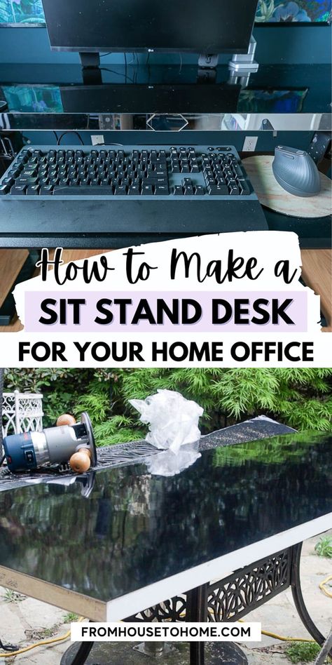 Learn how to build your own DIY electric sit stand desk with a custom desktop that matches your design style and saves you money. Diy Home Office On A Budget, Blue Home Offices, Diy Standing Desk, Diy Furniture Makeover Ideas, Electric Sit Stand Desk, Office Paint Colors, Sewing Room Storage, Desktop Design, Electric Standing Desk