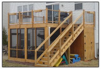 Screened In Bottom Deck, Shed Under Deck Stairs, Screened In Lower Deck, Under Porch Ideas, Deck With Stairs, Deck Screen, Screened Deck, Curved Stairs, Screen Porches