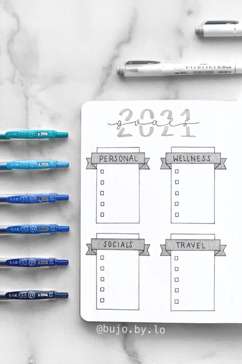 Journal Ideas Yearly Goals, Dot Journal Goals Page, 2023 Goals Journal, Bujo Yearly Goals, New Year Bujo Spread Ideas, New Years Bujo Spread, Goals Bujo Page, Bujo Set Up 2023, Bujo New Year Page 2023