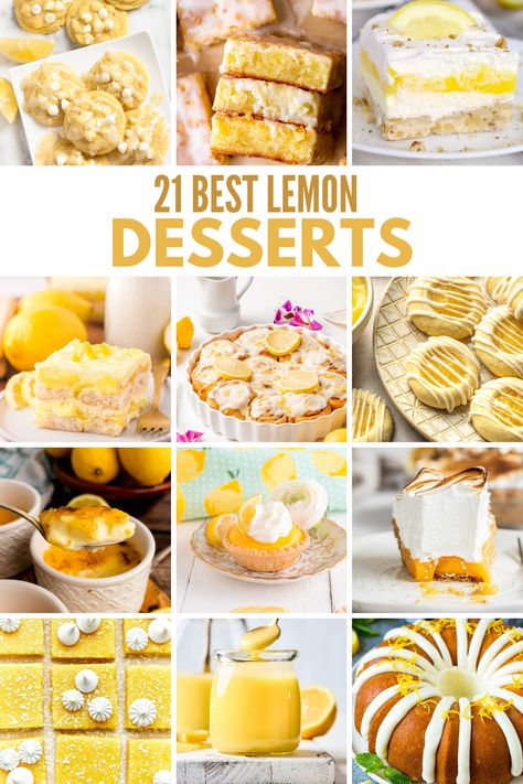 Looking for new lemon desserts to make this season? Here are over 20 easy lemon dessert recipes to choose from. Lemon cookies, lemon cake, lemon brownies, lemon curd, lemon rolls, lemon tiramisu, lemon bundt cake and many more lemon inspired desserts. Lemon Drop Dessert, Lemon Baked Goods Recipes, What Can I Make With Lemons, Individual Lemon Desserts, Meyer Lemon Desserts, Lemon Dessert Ideas, Lemon Puff Pastry Desserts, Tiramisu Lemon, Easy Lemon Desserts