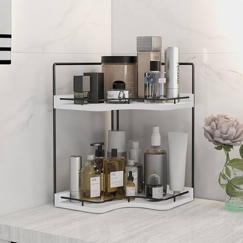 Amazon.com: Bathroom Organizer Countertop,Wood Vanity Tray for Bathroom Storage,L Bathroom Counter Organizer,2 Tier Counter Corner Shelf for Bathroom,Kitchen (Black) : Home & Kitchen Bathroom Counter Top Shelf, Bathroom Counter Top Shelves, Bathroom Sponge Storage, Bathroom Vanity Styling Countertops Tray, Bath Sheet Storage For Small Areas, Target Inspired Bathroom, Bathroom Counter Tray Target, Small Sink Organization Bathroom, Ikea Bathroom Countertop Storage