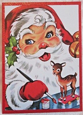 Vintage Style Christmas Card UNUSED MCM Glitter Santa Painting Baby Deer Toy 3 Christmas Lockscreen, Santa Paintings, Vintage Reindeer, Vintage Christmas Images, Christmas Phone Wallpaper, Old Fashioned Christmas, Christmas Past, Vintage Christmas Cards, Vintage Greeting Cards