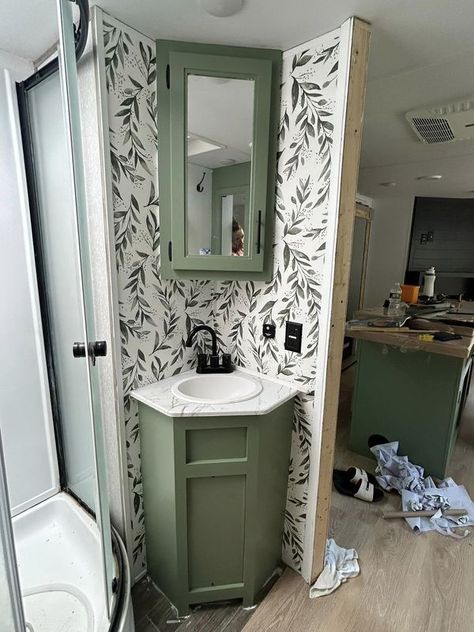 RV Interior Decorating: Ideas & Renovations | Getting closer to done | Facebook Tiny Camper Bathroom, Trailer Remodel Ideas, Remodeled Camper Bathroom, Camper Bathroom Ideas, Rv Shower Remodel, Camper Bathroom Remodel, Rv Bathroom Remodel, Camper Bathroom, Rv Bathroom