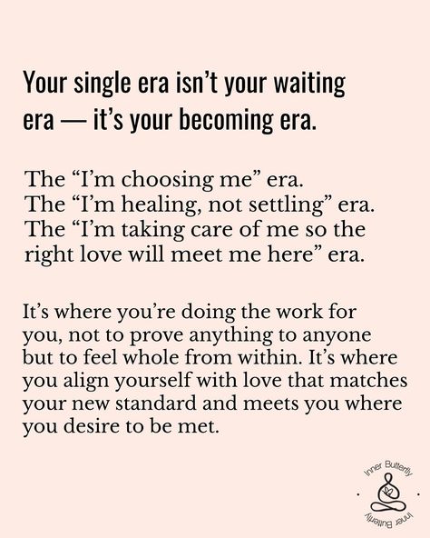 Your single era is your becoming era. 👻Comment “Becoming” if this message was for you 🫶🏼 💍After the single era comes the “happily taken” era. 🎯Your single era preps you to step into a relationship where you feel grounded, chosen, and safe to be all of you—a love that reflects the work you’ve put into yourself. 🎯This is your era to get better, do better, and call in better—because you’re finally becoming the version of you who is a match to better. #lovecoach #lovecoaching #selfempower... Protect Peace, Happily Taken, Im Worthy, Benefits Of Being Single, Single Era, Happily Single, His Vibe, Healing Era, Practicing Self Love