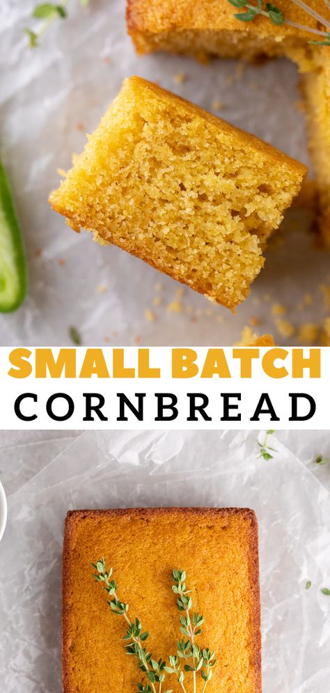 This small batch cornbread is made in a loaf pan. It yields 8 little squares perfect for 2-4 people. Small Batch Cornbread, Serve With Soup, Sweet Corn Bread, Recipe Cornbread, Cornbread Recipe Sweet, Batch Recipes, Quick Bread Recipe, Pan Recipe, Mini Loaf Pan