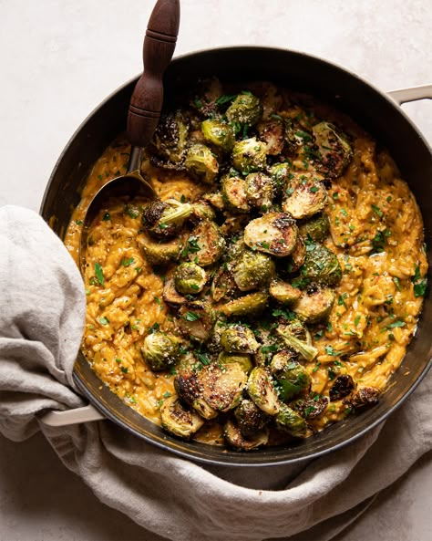 Creamy Butternut Orzo with Crispy Miso Mustard Brussels Sprouts Butternut Orzo, Vegan Butternut Squash Recipes, Vegan Pastas, Orzo Risotto, Veggie Mains, Laura Wright, Vegan Dinner Recipes Easy, Orzo Recipes, Plant Based Dinner