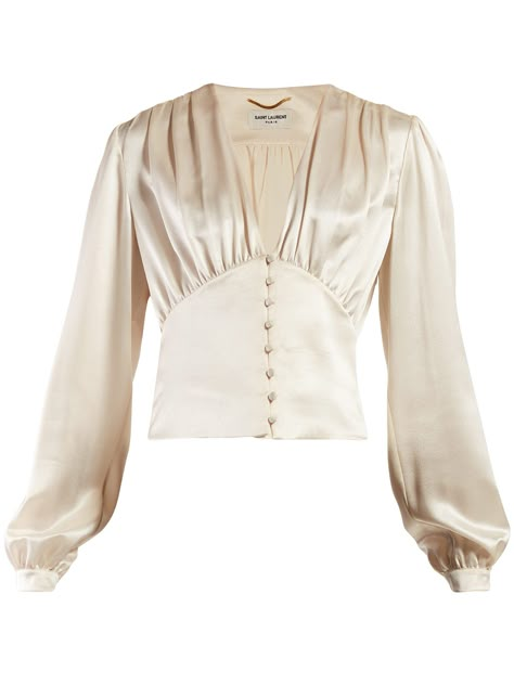 V-neck satin blouse | Saint Laurent | MATCHESFASHION.COM US Satin Blouses, Rock Chic, Satin Blouse, Blouse Outfit, Striped Blouse, White Blouse, Blouse Styles, Blouse Designs, Haute Couture