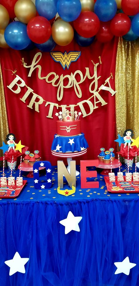 @prettymypartyknox (One-der Woman Birthday) Oneder Woman 1st Birthday Decor, Wonder Woman Party Ideas, Wonder Woman Birthday Party, Women Party Ideas, Wonder Woman Party, Wonder Woman Birthday, Ella Rose, Woman Birthday, Toddler Birthday Party