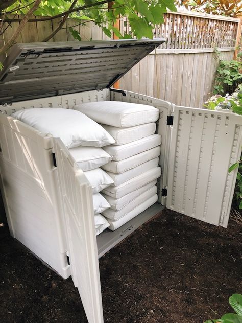 Outdoor Cushion Storage Shed - DIY and Done! - The Inspired Room Outside Cushion Storage, Patio Cushions Storage Ideas, Planter Storage Ideas, Deck Cushion Storage, Outdoor Storage Furniture, Patio Cushion Storage Ideas Garage, Outdoor Cushion Storage Ideas Diy, Outdoor Furniture Cushion Storage, Lake House Storage Shed