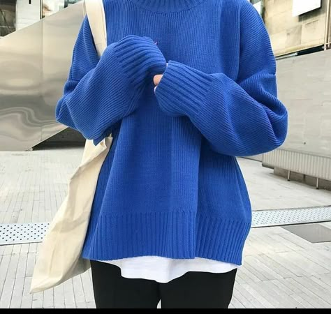 Electric Blue Sweater, Electric Blue Outfit, Blue Sweater Outfit, Kuril Islands, Boogzel Apparel, Blue Aesthetics, Aesthetic Sweaters, Winter Sweater Outfits, Outfit Office