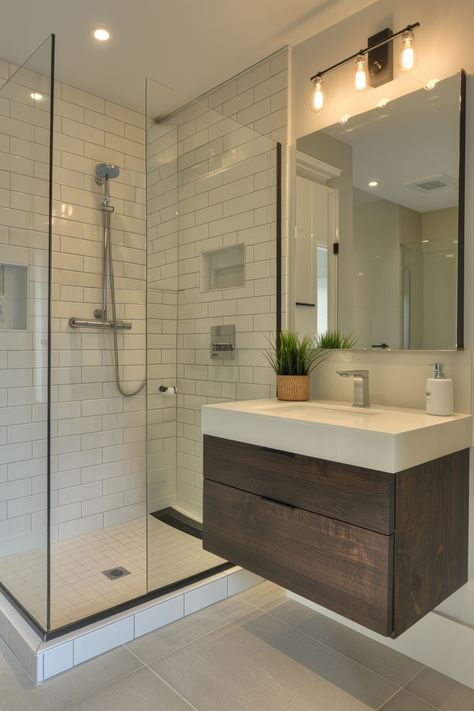 Modern Bathroom Makeover: Chic Walk-In Shower and Stylish Vanity Ideas Bathroom With Dark Vanity Ideas, Neutral Color Palette Bathroom, Dark Brown Wood Bathroom, Bathroom Remodel Brown Tones, Modern Bathroom Makeover, Classy Bathroom, Chic Vanity, Suite Bathroom, Neutral Color Palette