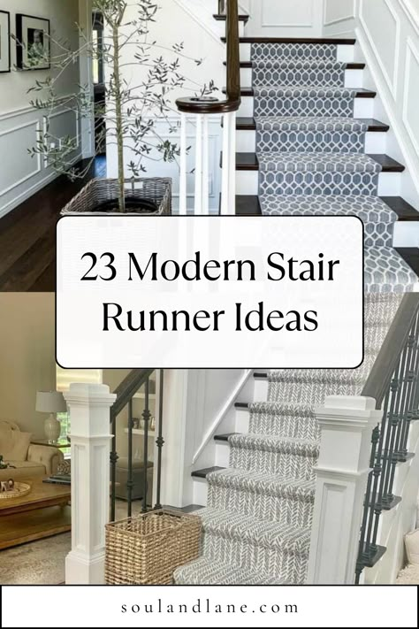 Choose from a variety of materials and patterns, such as bold geometric prints or sleek monochromatic designs, to add visual interest and texture. Consider runners made from durable, easy-to-clean materials like sisal or wool for a blend of function and fashion. Accentuate the modern vibe with metal stair rods or keep it simple with a seamless installation. These stair runner concepts not only enhance safety by providing additional grip but also transform your stairs into a chic, eye-catching el Stair Carpet With Rods, Modern Staircase With Runner, Stair With Runner Carpets, Stair Carpet Runners Ideas, Modern Staircase Runner Ideas, Carpeted Stairs To Wood Transition, Stairway With Runner, Rugs On Stairs, Steps With Carpet Runner