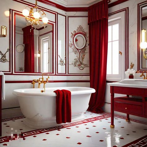 Red And Gold Bathroom, Royal Bathroom, Red Bathroom, Bathroom Red, Bathroom Ceiling, Gold Bathroom, Elegant Red, Apartment Ideas, Red Gold