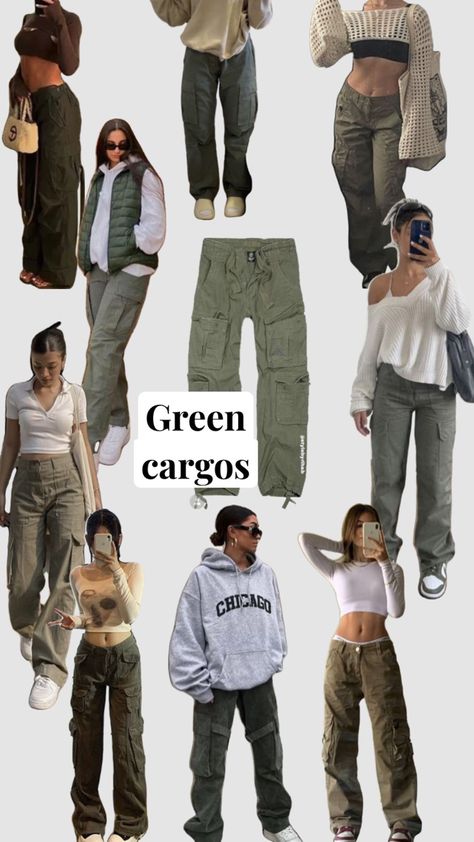 Fall trends!!! How cute are there cargo pants omgg follow for more outfit and home decor inspo teehee ;))) Outfit Inspo With Green Cargo Pants, Aesthetic Clothes Cargo Pants, Green Cargo Fall Outfit, Cool Cargo Pants Outfits, Cute Green Cargo Pants Outfits, Green Cargo Style, Fit With Cargo Pants, Green Pants Ideas Outfit, Grey Army Cargo Pants Outfit