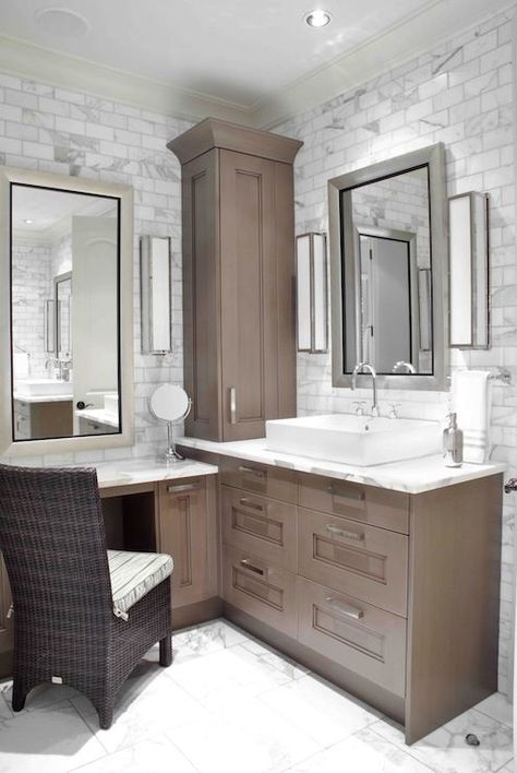 Design Galleria: Custom sink vanity built into corner of bathroom. Lower make up area with silver leafed ... L Shaped Bathroom Vanity, L Shaped Vanity, L Shaped Bathroom, Corner Bathroom Vanity, Corner Bathroom, Bathroom With Makeup Vanity, Custom Sinks, Custom Bathroom Vanity, Large Bathroom