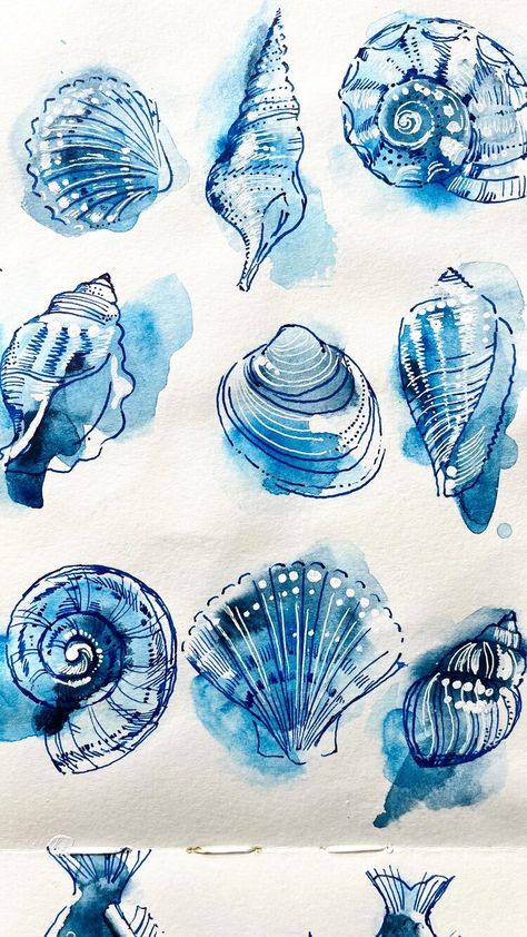 Watercolour Shell Painting, Blue Watercolour Painting, Sea World Drawing, Seashore Drawing, Win Illustration, Sealife Art, Watercolor Shells, Watercolour Sea, Watercolor Seashells