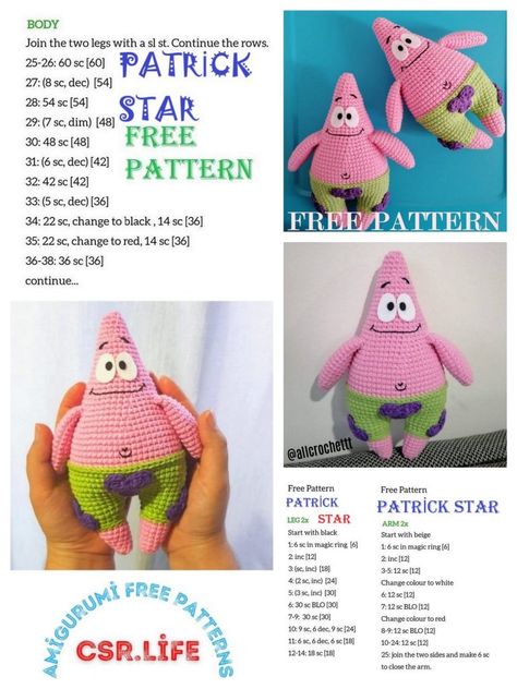 Patrick Star Amigurumi Free Pattern - Csr.life Crotchet Gifts, Pikachu Crochet, Disney Crochet Patterns, Free Amigurumi Crochet Patterns, Crochet Skull, Crochet Disney, Crochet Keychain Pattern, Pola Amigurumi, Crochet Animals Free Patterns