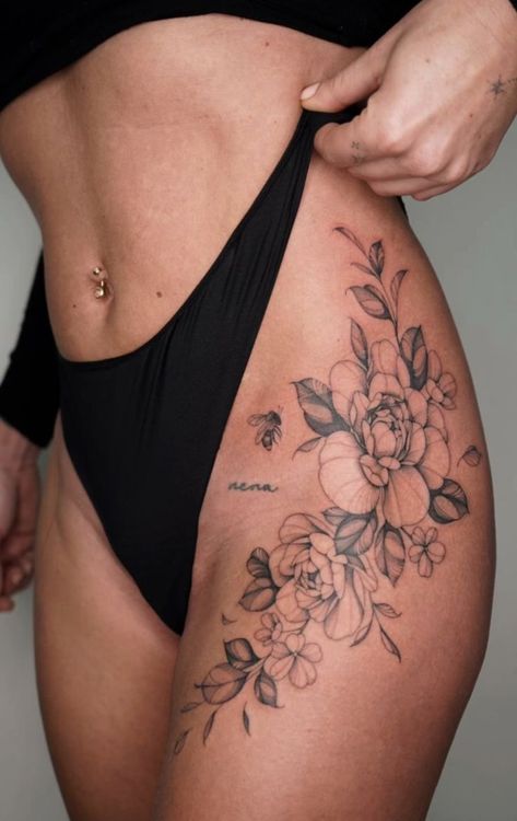 Hip Thigh Flower Tattoo, Hip Tattoos Women Dainty, Upper Thigh Flower Tattoo Women, Front Hip Tattoo Cover Up Ideas, Birth Flower Hip Tattoo, Upper Thigh Floral Tattoo, Rose Tattoo Hip Side Thigh Piece, Peony Thigh Tattoos Women, Thigh Rose Tattoos Women