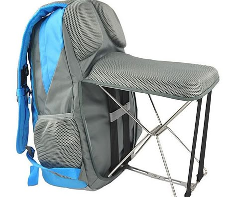 Turn any spot into the ideal place to relax using this foldable chair backpack. The backpack is large enough to accommodate a 16″ laptop and comes with a small fold out chair discreetly tucked into the backside of the pack. Backpacking Chair, Camping Accesorios, Foldable Chair, Fishing Backpack, Camping Diy, Fishing Chair, Foldable Chairs, Anti Theft Backpack, Fish In A Bag