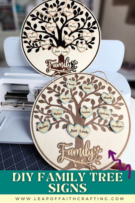 Cricut Wood Veneer Projects, Diy Family Tree, Family Tree Wall Hanging, Family Tree Sign, Family Tree Svg, Maker Ideas, Circle Crafts, Engraved Wood Signs, Tree Sign