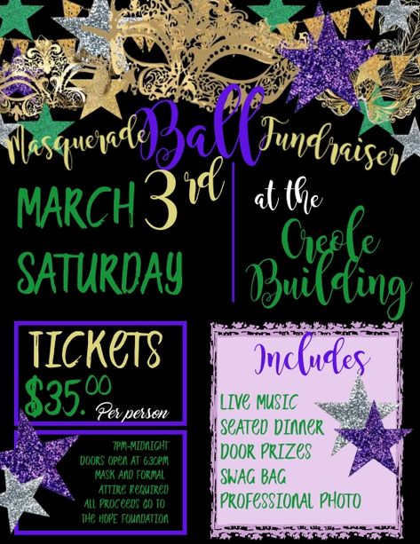 Mardi Gras Masquerade Ball Fundraiser Mardi Gras Ball, Masquerade Theme, Mardi Gras Masquerade, Booster Club, Door Prizes, Swag Bag, Masquerade Ball, Chalkboard Art, Professional Photo